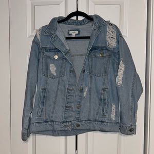Forever 21, distressed/ripped light wash jean jacket, size S, good quality denim